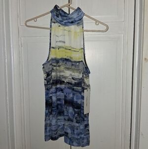Calvin Klein Sleeveless Blue and Yellow Watercolor Halter Blouse